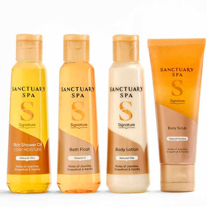 Sanctuary Travel Size Body Products including shower oil, bath float, body lotion and body scrub