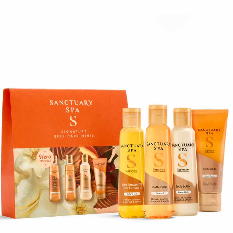 Sanctuary Signature Minis Gift Set in gift box with travel sized shower oil, bath float, body lotion and body scrub
