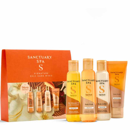 Sanctuary Signature Minis Gift Set in gift box with travel sized shower oil, bath float, body lotion and body scrub