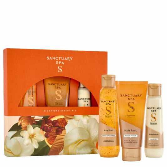 Sanctuary Spa Signature Essentials Trio Gift Set Showing Included Body Wash, Body Scrub & Body Lotion