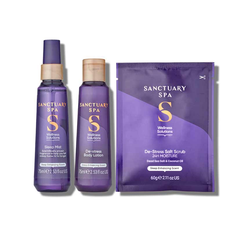 Sanctuary, Sanctuary Wellness Pillow Pack, Body Scrub, Body Lotion, Sleep Spray, Sea Salt Scrub, Coconut Oil, Sleep Faster