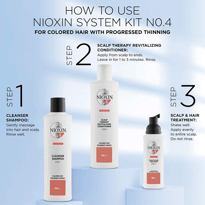 Nioxin | System 4 | Cleanser | hair revival solution | colour | thinning | peppermint oil | white tea extracts | conditioning agents | cleansing shampoo | remove residue | nourishing | hair growth | strengthening | moisture | shine