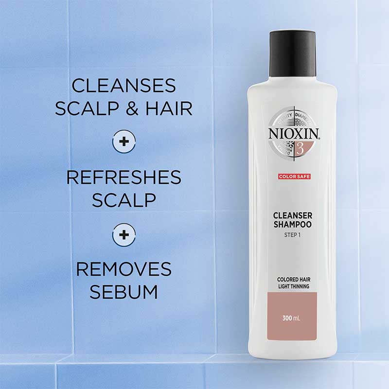 Nioxin | System 3 | Cleanser | coloured hair | thicker | more voluminous | healthy | cleansing | shampoo | scalp to ensure | cleanse | wash away | lighter | peppermint oil | hair growth | scalp