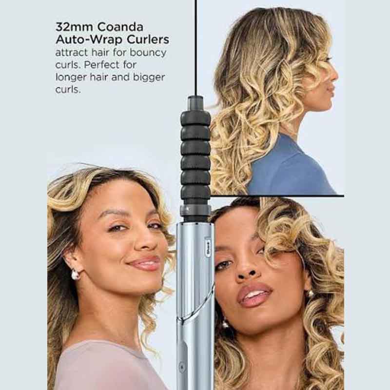 A Coanda Auto-Wrap Curler hair styling tool shown vertically in the center, with three inset photos of women wearing styled blonde curls and marketing text reading '32mm Coanda Auto-Wrap Curlers attract hair for bouncy curls. Perfect for longer hair and bigger curls.
