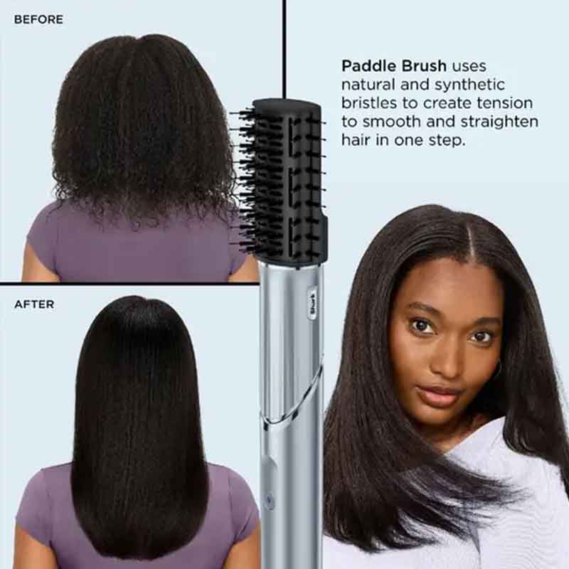 A hair straightening brush product shown with before-and-after hair results on a model. The image includes a silver and black paddle brush tool in the center, a top-left inset of curly dark hair labeled BEFORE, a bottom-left inset of straightened dark hair labeled AFTER, and a right-side portrait of a woman with long straight hair on a pale blue background with product text.