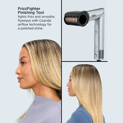 A promotional collage for the FrizzFighter Finishing Tool. The top-right panel shows the silver and black hair styler tool against a pale blue background with product text.