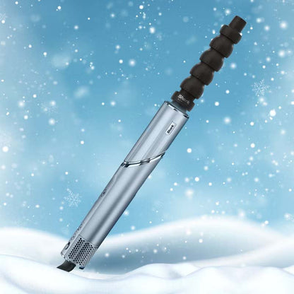 A silver cylindrical electric ice pick with a black textured handle, shown diagonally in a snowy scene with a blue, snowy background.