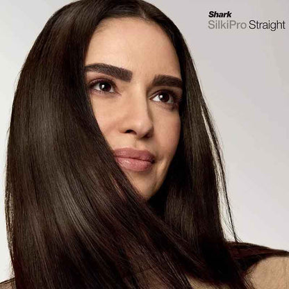 Shark SilkiPro Straight Hair Straightener + Dryer in One Tool with Heat-Resistant- mocha silver stylised image of woman with shiny straight hair