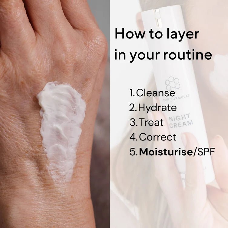Hand applying night cream with text on how to layer in a skincare routine.