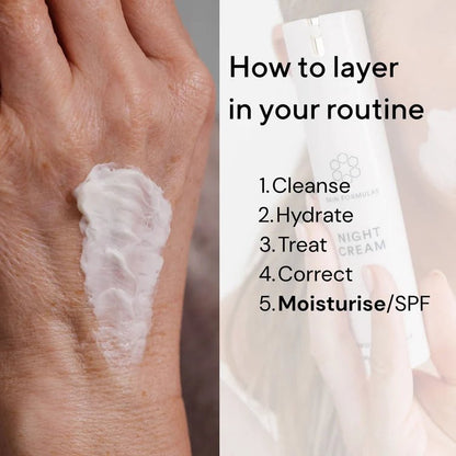 Hand applying night cream with text on how to layer in a skincare routine.