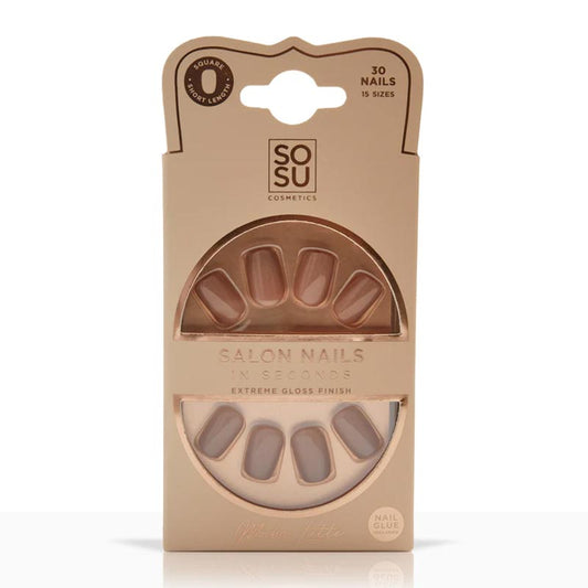 SOSU Cosmetics | Mocha | Latte | false nails | milky | brown-tone | nude| colour | short length | square shape | easy | stunning | salon-quality 
