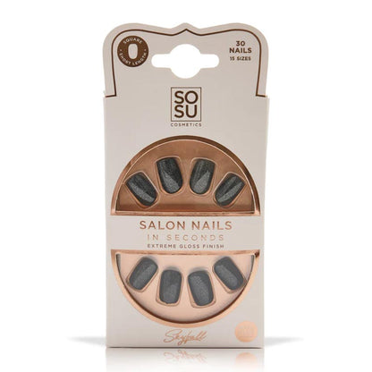 SOSU Cosmetics | skyfall | false nails | stunning | midnight black | colour | shimmering | glitter | square-shaped | short | length |flawless | on-trend 