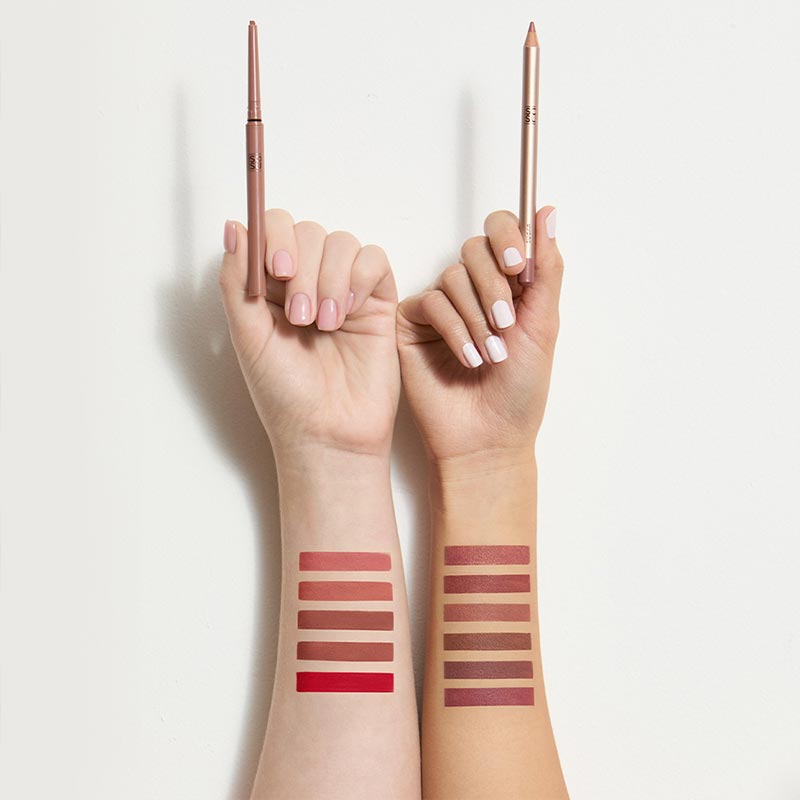 SOSU Cosmetics Longwear Lip Liner | Glides effortlessly | precise definition | Long-lasting wear | natural or bold looks | Pair with lipstick or gloss | SOSU Precision Lip Liner | Swatches