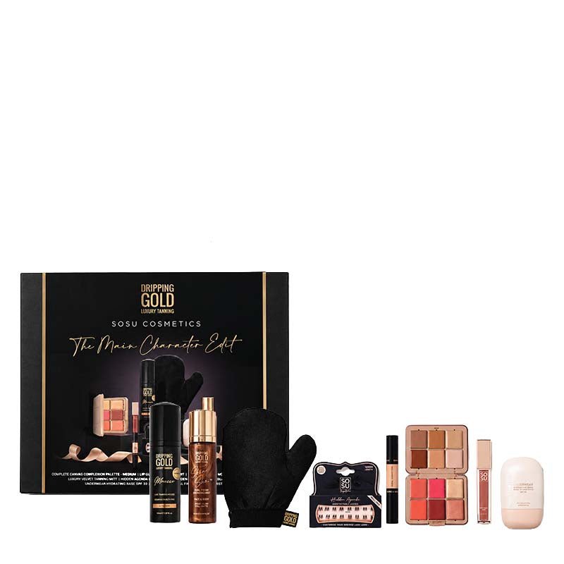 SOSU Cosmetics The Main Character Edit Makeup & Tan Gift Set 1 product image whit e background line up of products and packaging