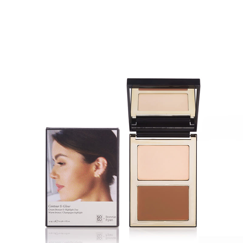 SOSU Cosmetics x Bonnie Ryan Contour And Glow Duo | Cream satin bronze and highlight palette | Rich bronze and champagne tones | Suitable for all skin types | Create subtle daytime contours or dramatic evening glam.