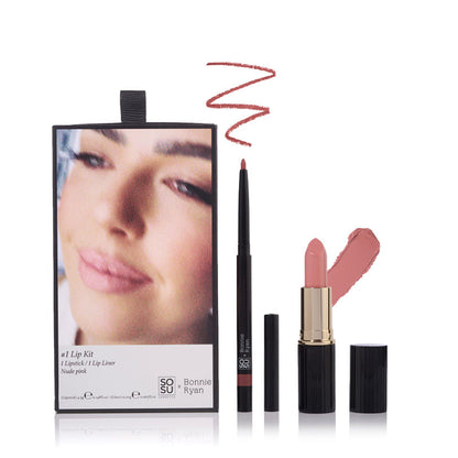 SOSU Cosmetics x Bonnie Ryan Lip Kit #1 Nude Pink - Ideal for a naturally elegant nude pink lip | Contains highly pigmented, creamy lipstick and longwear lip liner.
