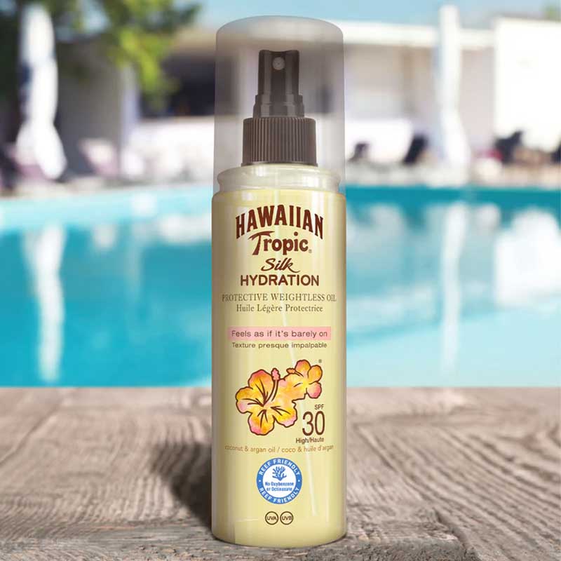 Hawaiian Tropic | Silk Hydration | Dry Oil Mist | SPF 30 | lightweight | tropical scent | nourishment | protection | luxury | body care routine | sun protection | skin hydration | body oil | botanicals | healthy 