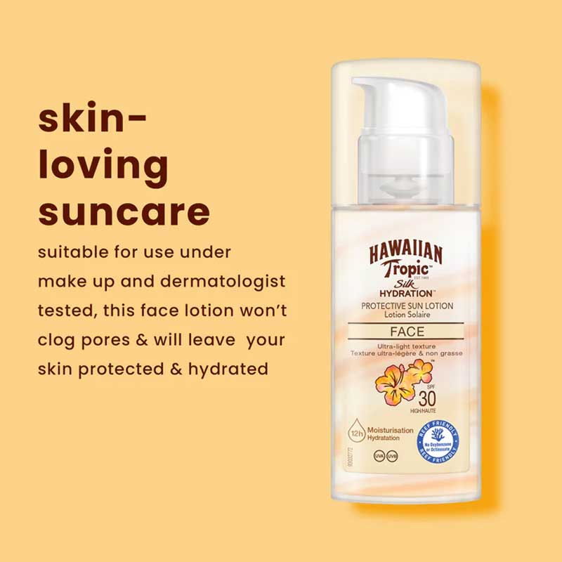  Hawaiian Tropic | Silk Hydration | Face Lotion | SPF 30 | ultra-light | facial sunscreen | UVA | UVB | protection | damaging sun rays | hydrating |  anti-aging | moisturizes | soft | smooth | non-greasy | non-oily | non-pore clogging