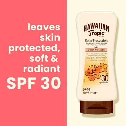  Hawaiian Tropic | Satin Protection | Lotion | SPF 30 | UVA | UVB protection | nourish | skin health | lightweight | fast absorbing | non-greasy | prevents | skin damage | dryness | tropical scent | sun safe