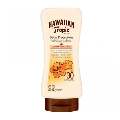  Hawaiian Tropic | Satin Protection | Lotion | SPF 30 | UVA | UVB protection | nourish | skin health | lightweight | fast absorbing | non-greasy | prevents | skin damage | dryness | tropical scent | sun safe