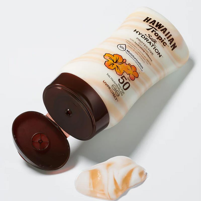 Hawaiian Tropic | Silk Hydration | Lotion | SPF 50 | ultra-light | UVA | UVB | protection | damaging sun rays | hydrating ribbons | moisturizes | soft | water resistant | tropical scent
