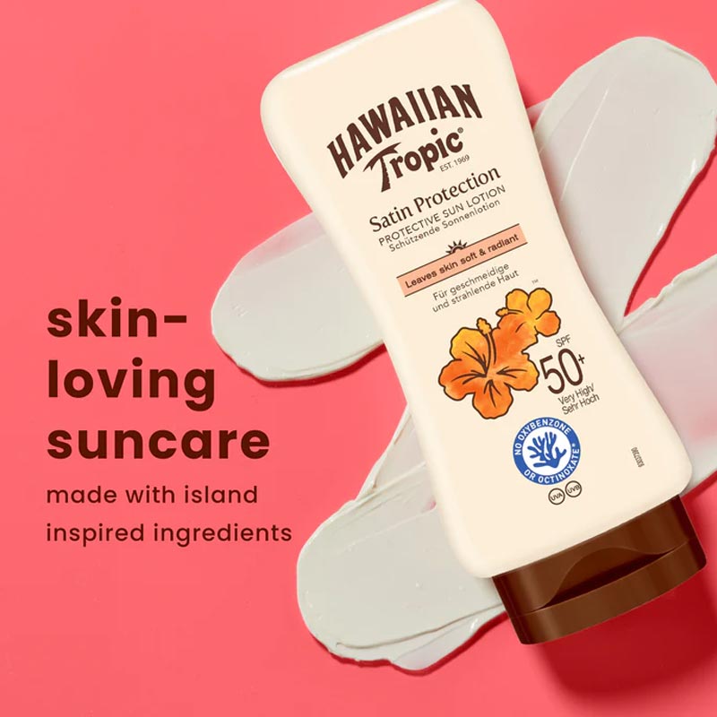 Hawaiian Tropic | Satin Protection | Lotion | SPF 50 | UVA | UVB protection | nourish | skin health | lightweight | fast absorbing | non-greasy | prevents | tropical scent | sun safe | radiance | glow
