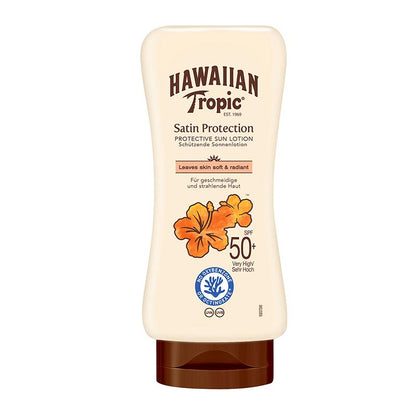 Hawaiian Tropic | Satin Protection | Lotion | SPF 50 | UVA | UVB protection | nourish | skin health | lightweight | fast absorbing | non-greasy | prevents | tropical scent | sun safe | radiance | glow