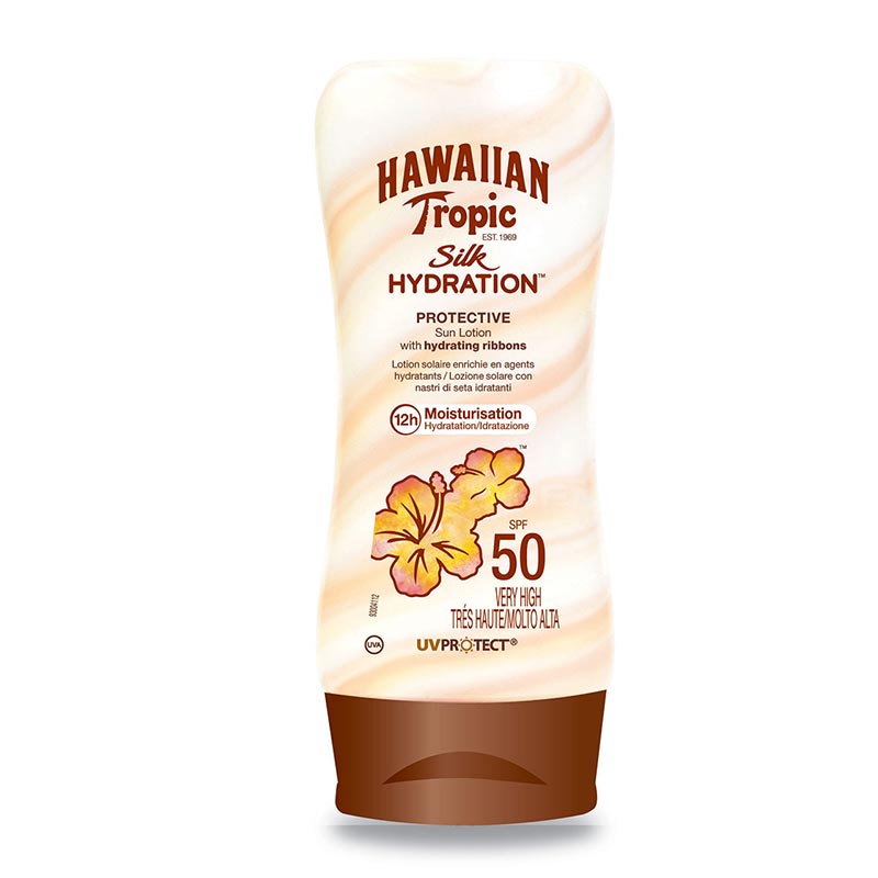 Hawaiian Tropic | Silk Hydration | Lotion | SPF 50 | ultra-light | UVA | UVB | protection | damaging sun rays | hydrating ribbons | moisturizes | soft | water resistant | tropical scent