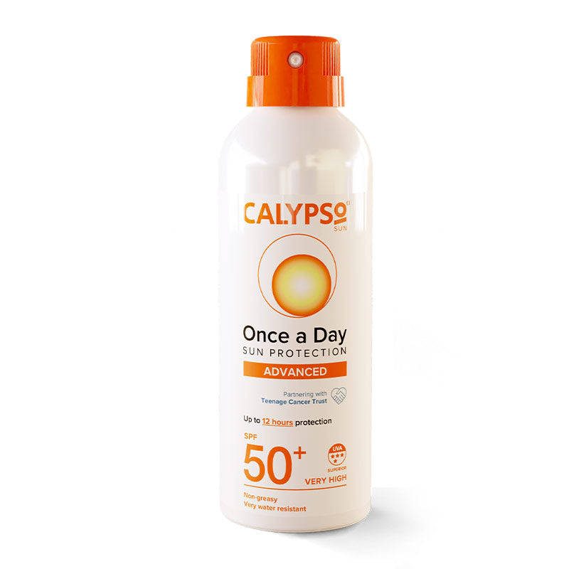 Calypso | Once A Day | SPF 50 | quick drying | long lasting | sun protection | applying | complete protection | UVA | UVB | protection | water resistant | spray | non-greasy | 12 hours | high factor | 8 hours