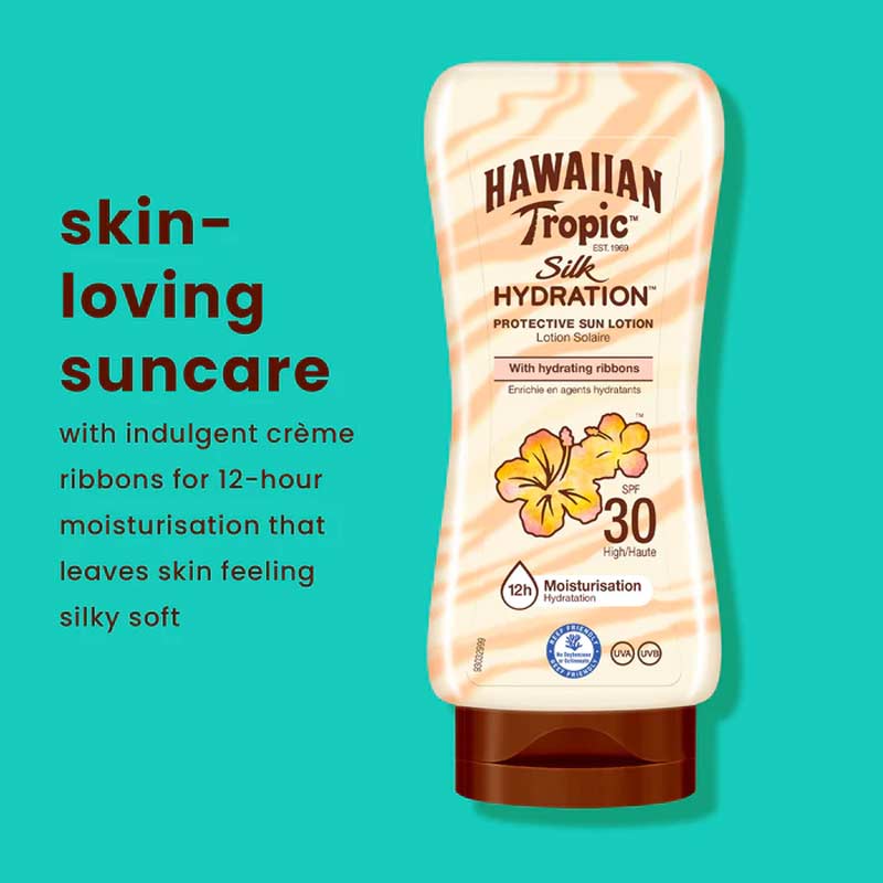  Hawaiian Tropic | Silk Hydration | Lotion | SPF 30 | ultra-light | UVA | UVB | protection | damaging sun rays | hydrating ribbons | moisturizes | soft | water resistant