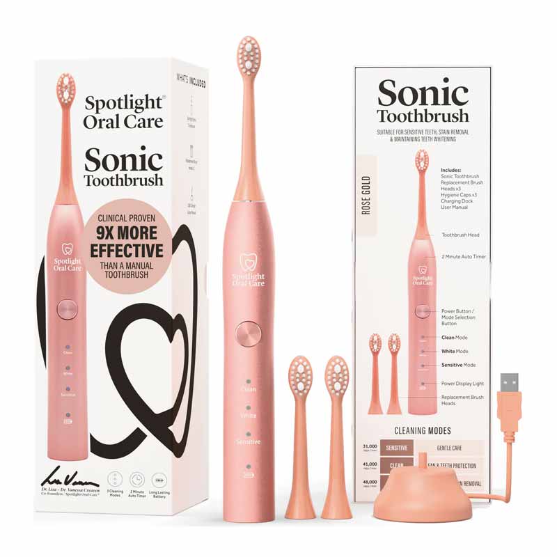 Spotlight Oral Care Rose Gold Sonic Tooth Brush Contents