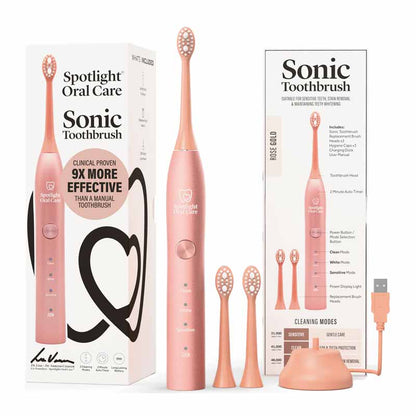 Spotlight Oral Care Rose Gold Sonic Tooth Brush Contents