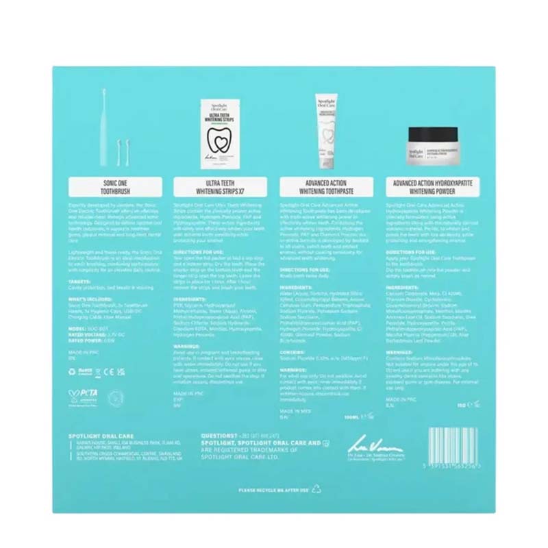 The back, showing four included items with text labels and product descriptions on a light gray background.