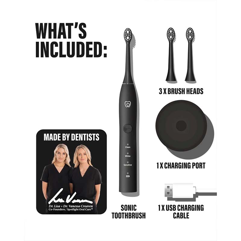 Spotlight Oral Care Sonic Original Electric Toothbrush Black Whats included, brush 3 x heads, 1 charging port and 1 usb cable