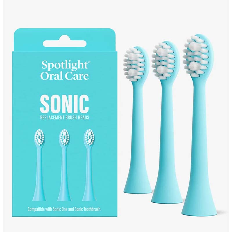 Spotlight Oral Care Sonic Toothbrush Replacement Heads Blue pack and heads beside it 