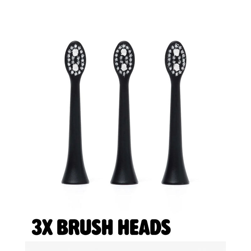 Three black replacement electric toothbrush brush heads arranged side by side on a white background, with the text '3X BRUSH HEADS' below.
