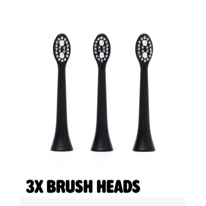 Three black replacement electric toothbrush brush heads arranged side by side on a white background, with the text '3X BRUSH HEADS' below.