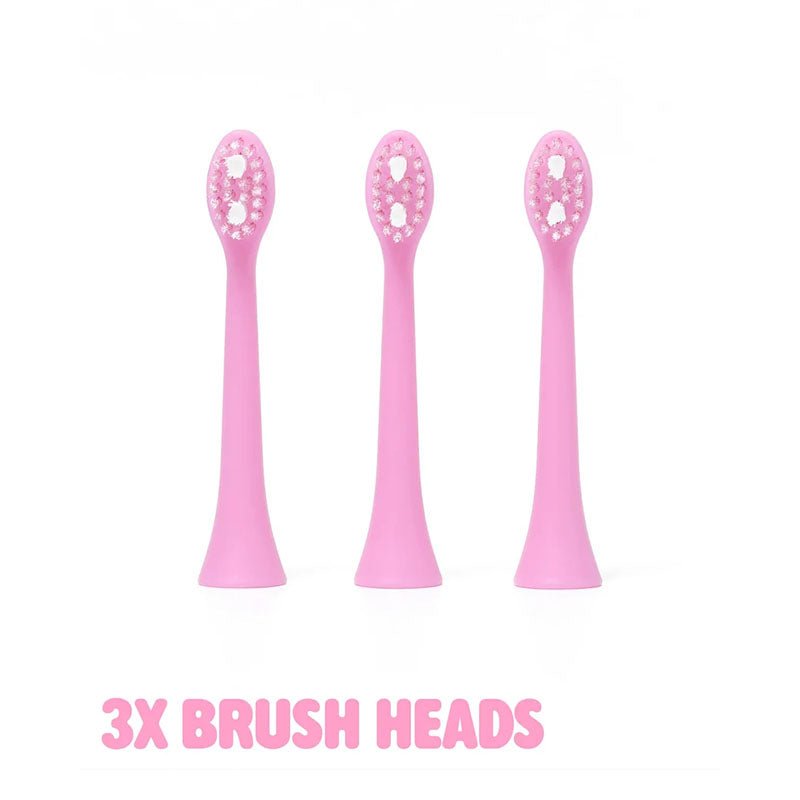 Three pink electric toothbrush replacement brush heads arranged vertically on a white background, with the text '3X BRUSH HEADS' below them.