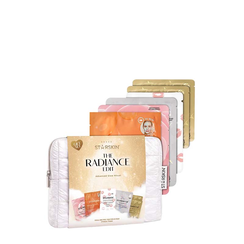 A St. A'skin 'The Radiance EDIT' travel pouch containing five individual facial mask sachets in gold, pink, orange, white, and silver, arranged in a fan shape on a plain white background.