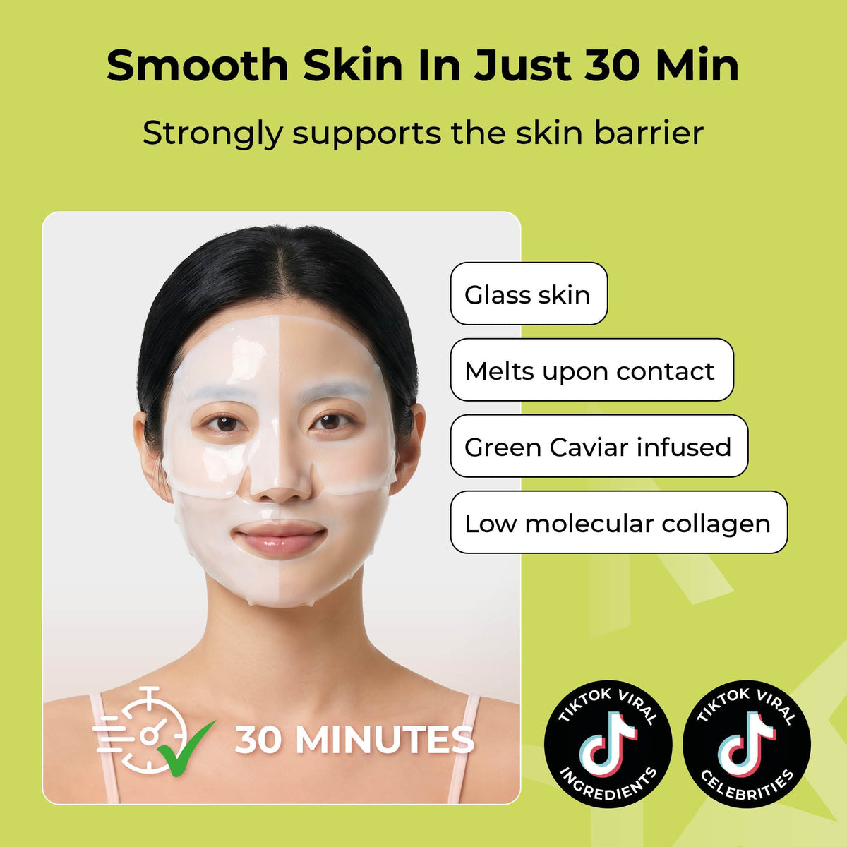 STARSKIN DeepMelt Collagen Green Caviar Hydrogel Face Mask before and after shade of the mask has gone clear on one half of the face