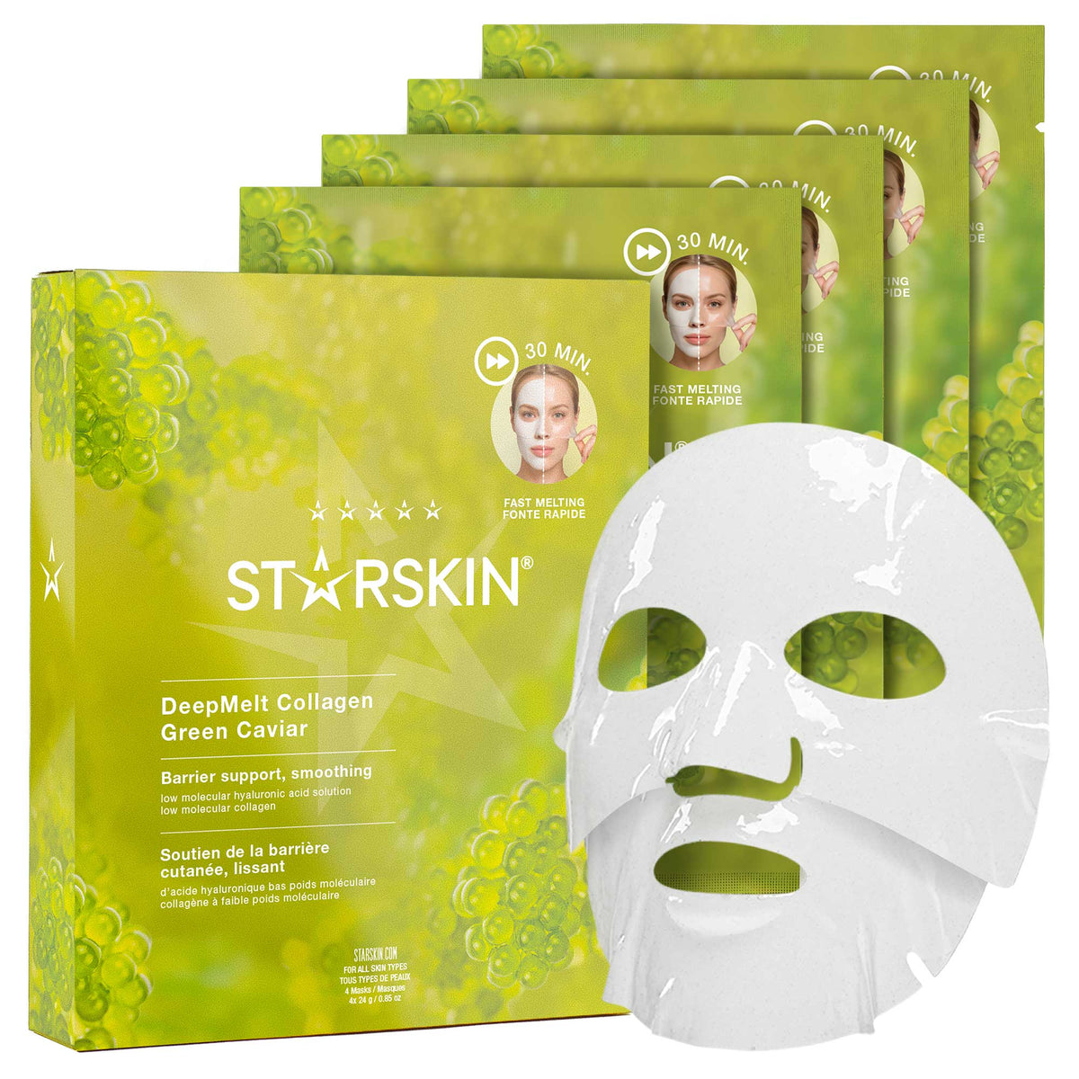 STARSKIN DeepMelt Collagen Green Caviar Hydrogel Face Mask Row of 4 pack, white hydrogel mask at right foreground