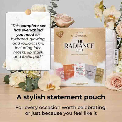 A boxed skincare set from Starskin called The Radiance Edit, displayed on a tabletop with decorative white and blush roses and orchids. A large white text box on the left describes the set contents, and text below reads 'A stylish statement pouch' and 'For every occasion worth celebrating, or just because you feel like it.