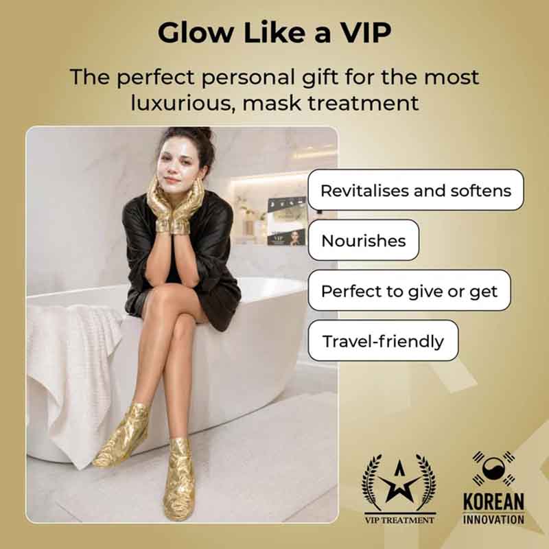 Promotional graphic for a VIP mask treatment, featuring a woman sitting on a white bathtub wearing shiny gold boots and gold necklaces. The text reads 'Glow Like a VIP' and lists benefits such as revitalizing, nourishing, being perfect for giving or get, and travel-friendly.