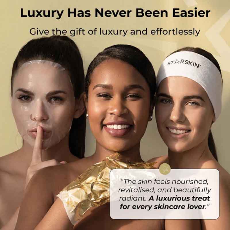 Three women with clean, radiant skin pose together against a warm beige background. One wears a white STARSKIN headband, another has a gold foil sheet applied, and the left woman has a translucent mask on her face.