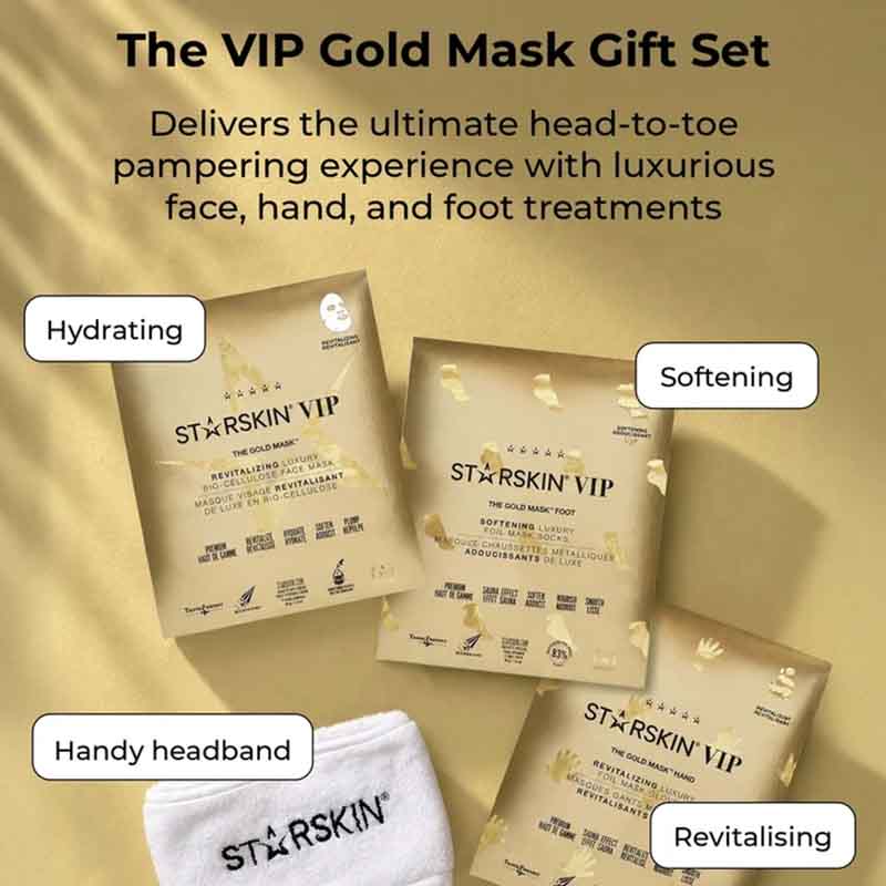 The VIP Gold Mask Gift Set by STARSKIN VIP, featuring four gold-colored mask packets labeled for different treatments (Hydrating, Softening, Handy headband, Revitalising) and a white headband, arranged on a textured gold background with descriptive text overlays.