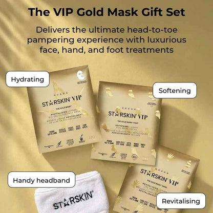 The VIP Gold Mask Gift Set by STARSKIN VIP, featuring four gold-colored mask packets labeled for different treatments (Hydrating, Softening, Handy headband, Revitalising) and a white headband, arranged on a textured gold background with descriptive text overlays.