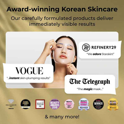 Promotional graphic for award-winning Korean skincare, featuring a woman applying or wearing a translucent face mask. The design includes text praising immediate visible results and multiple beauty award badges along the bottom, all set against a shimmering gold background.