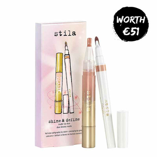 Stila shine and define nude lip duo, nude calligraphy lip stain, plumping lip gloss