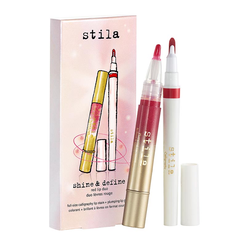 Stila shine and define red lip duo, red caligraphy lip stain, plumping lip gloss