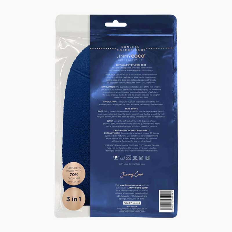 Sunless | Jimmy Coco | Buff & Glow | Mitt | ultimate | full-body | mitt exfoliates | tan application | luxurious| tanning | 3-in-1